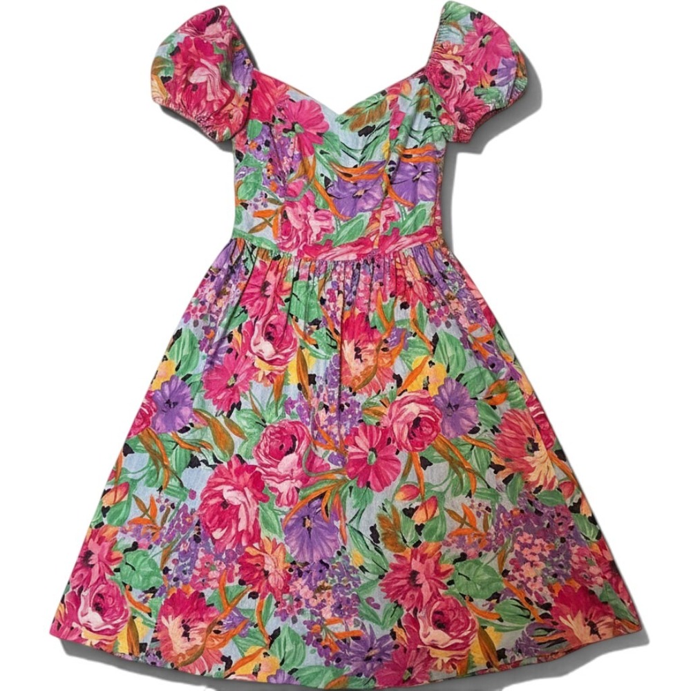 Vintage Jean Leslie Floral Puff Sleeve Midi Dress Pink Purple Pockets USA 9/10